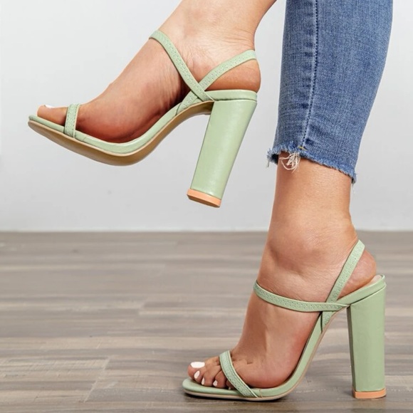 Mint Thin Strap Chunky Heeled Slingback Sandals - Picture 1 of 3